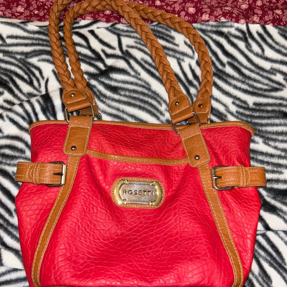 Rosetti Red Orange purse two handles brown accent 2 main inside pockets
